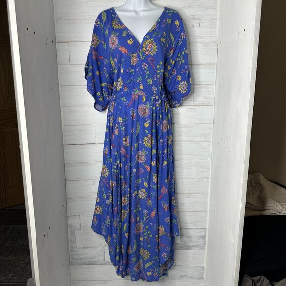 Gap Blue Floral Kimono Style Drape Maxi Dress V Neck Gathered Waist Size Medium - Picture 2 of 10